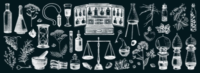Vinatge apothecary hand-drawn vector illustrations. Antique apothecary box, scales, glassware, medicinal herb and healing plants sketches on chalkboard. NOT AI generated